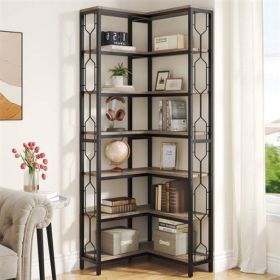 Industrial 7-Tier Metal/Wood Corner Bookcase in White/Natural