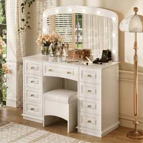 Luxurious Makeup Vanity with 10 Hollywood Bulbs, 3 Color Lighting Modes