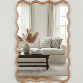24"x36" Wavy Rectangle Solid Wood Frame Decorative Mirror, for Bedroom, Bathroom, Living Room, Entryway Natural Wood Color
