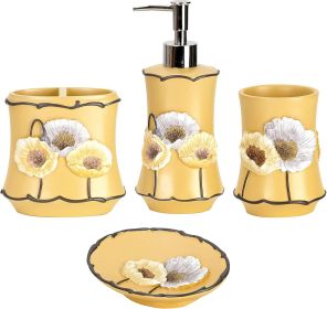Home 4pc Poppy Fields Yellow Bathroom Accessories Set Hand Soap Dispenser, Tumbler