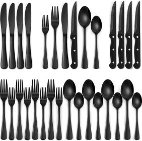 24-Piece Black Silverware Set with Steak Knives, Black Flatware Set for 4, Food-Grade Stainless Steel Tableware Cutlery Set (Material: Stainless Steel)